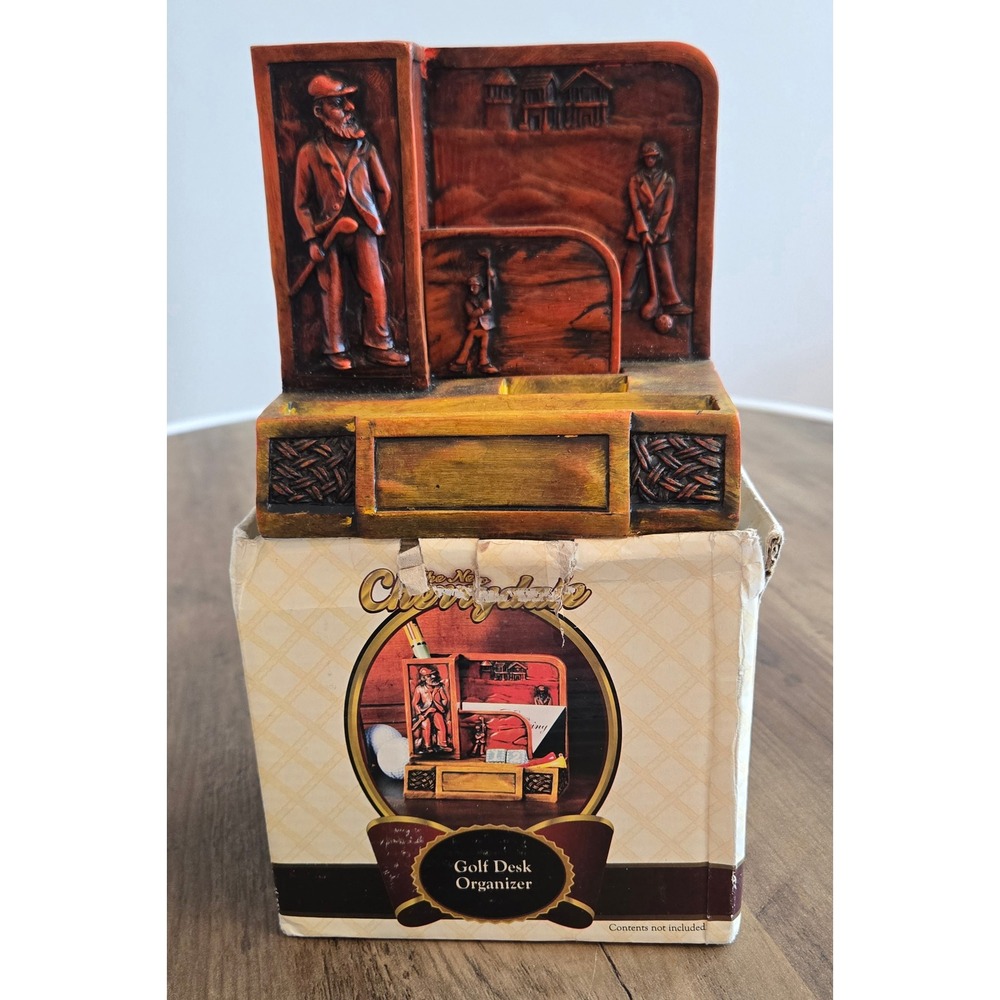 Vintage Cherrydale Golf Desk Organizer Faux Wood Resin Pen Holder Business‎ Card